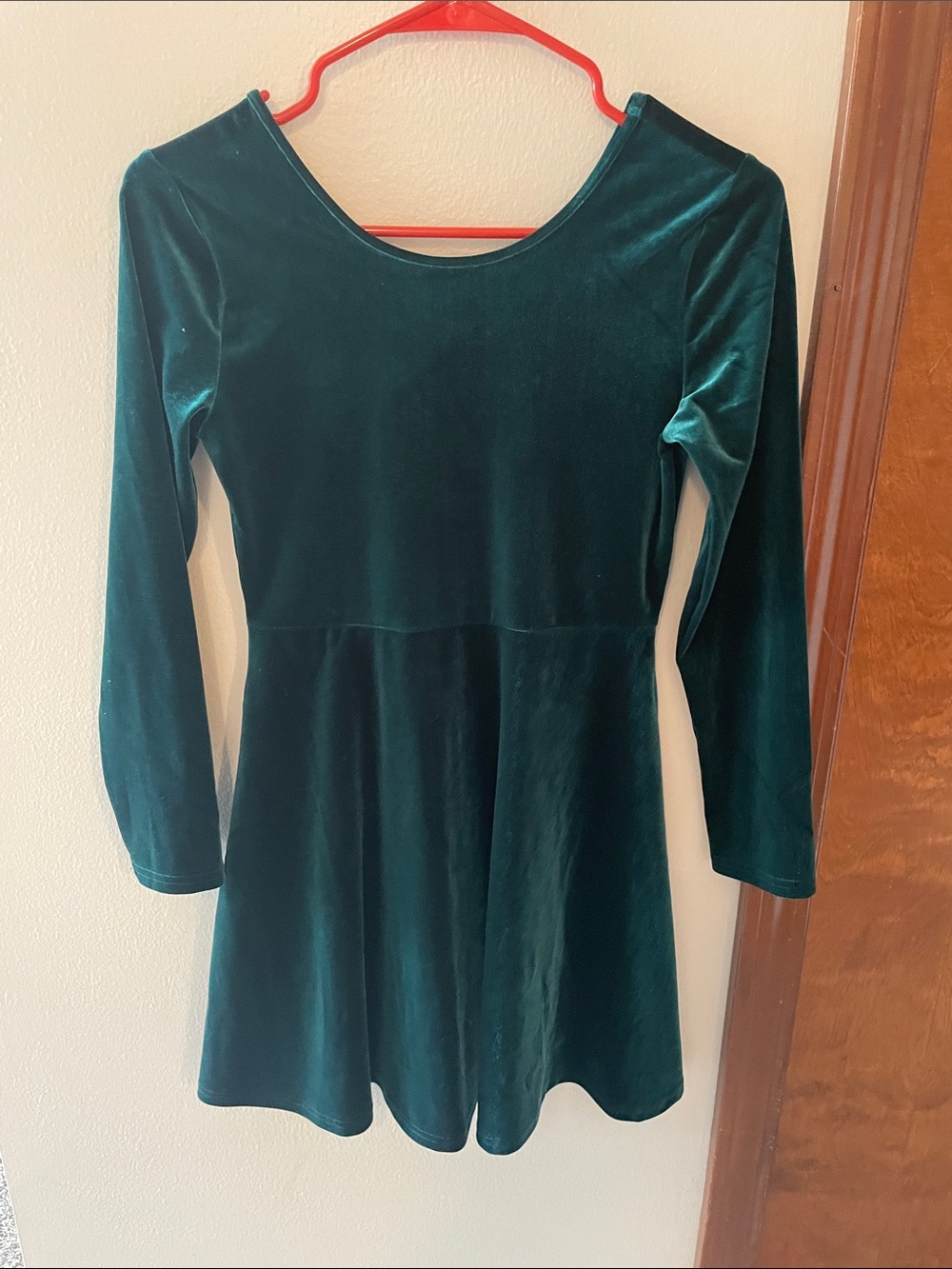 Girls Emerald Green Velvet Long Sleeve Skater Dress